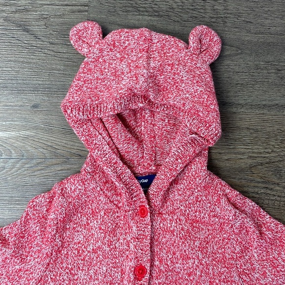 Gap Baby Red Heathered Hooded Bear Ears Winter Knit Romper Size 6-9 Months - Picture 2 of 6